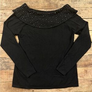 MILANO Women's Black Knit Long Sleeve Blouse M Embellished Collar